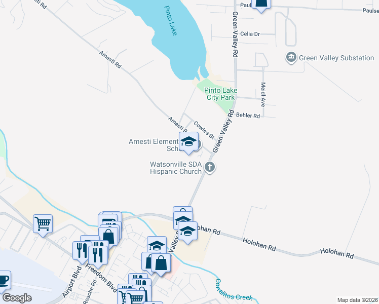 map of restaurants, bars, coffee shops, grocery stores, and more near 25 Amesti Road in Watsonville