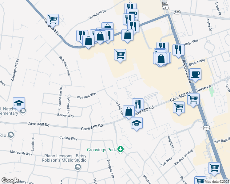 map of restaurants, bars, coffee shops, grocery stores, and more near 2814 North Mill Place in Bowling Green
