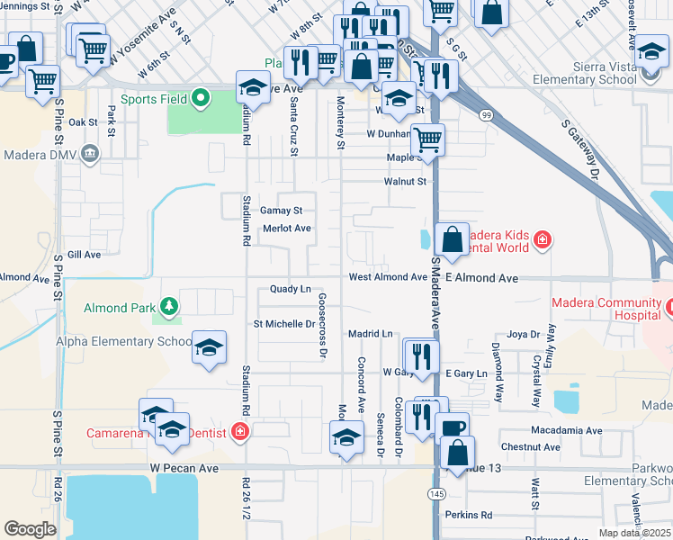 map of restaurants, bars, coffee shops, grocery stores, and more near 402 Wawona Court in Madera