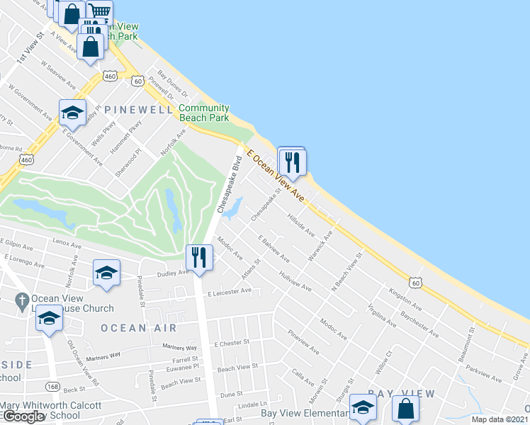 map of restaurants, bars, coffee shops, grocery stores, and more near 9606 Chesapeake Street in Norfolk