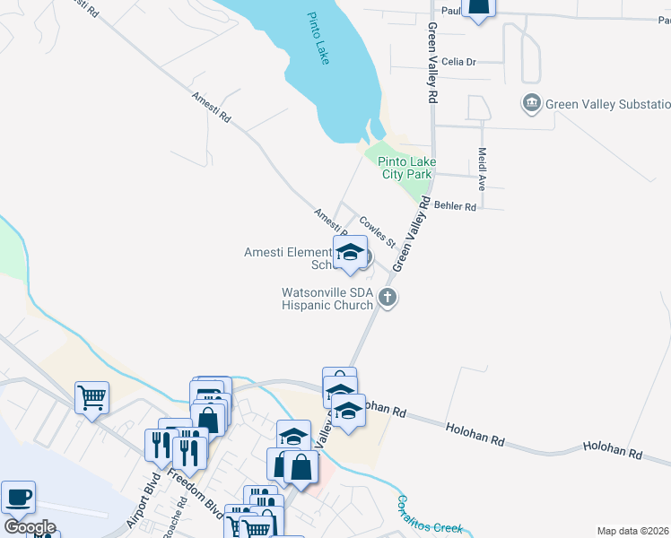 map of restaurants, bars, coffee shops, grocery stores, and more near 25 Amesti Road in Watsonville