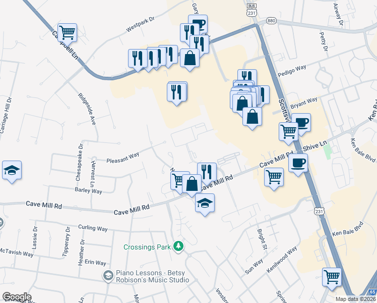 map of restaurants, bars, coffee shops, grocery stores, and more near 2642 Chandler Drive in Bowling Green