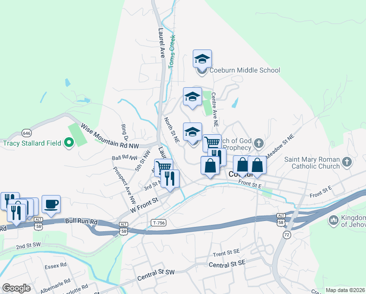map of restaurants, bars, coffee shops, grocery stores, and more near 301 Schoolhouse Hill Drive Northeast in Coeburn