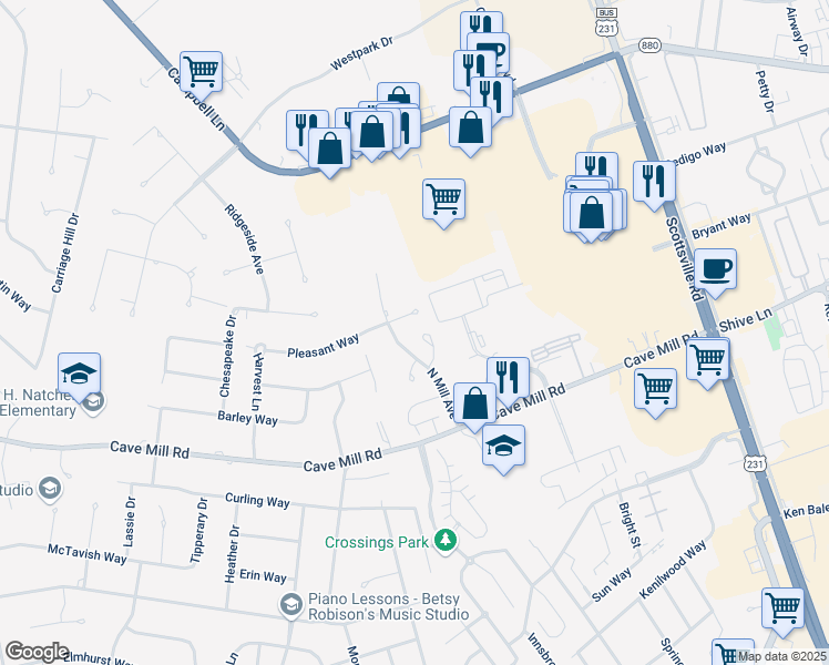 map of restaurants, bars, coffee shops, grocery stores, and more near 1568 Pleasant Valley Court in Bowling Green
