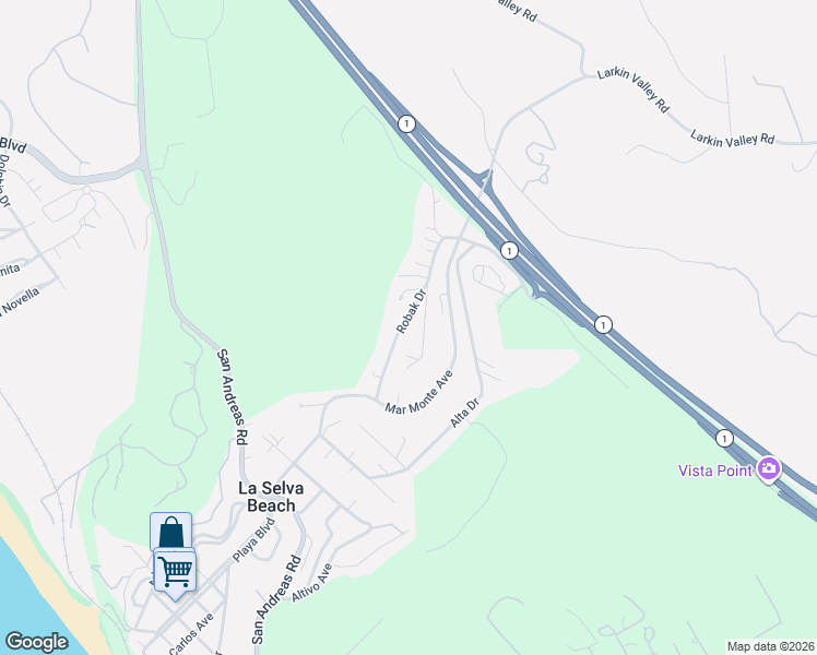 map of restaurants, bars, coffee shops, grocery stores, and more near 64 Robak Drive in La Selva Beach