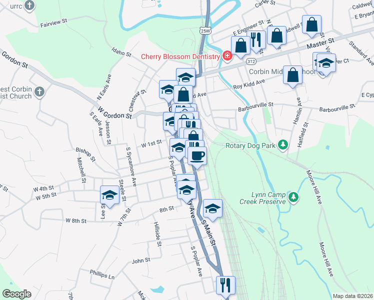 map of restaurants, bars, coffee shops, grocery stores, and more near 115 South Main Street in Corbin