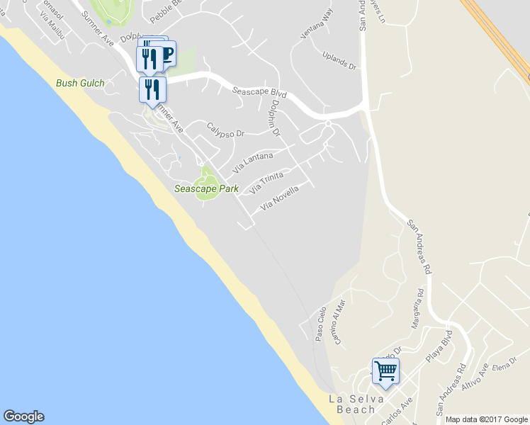map of restaurants, bars, coffee shops, grocery stores, and more near 126 Vía Novella in Aptos