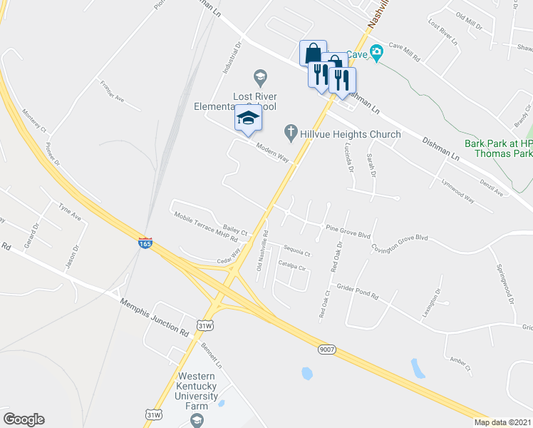 map of restaurants, bars, coffee shops, grocery stores, and more near 3509 Nashville Road in Bowling Green