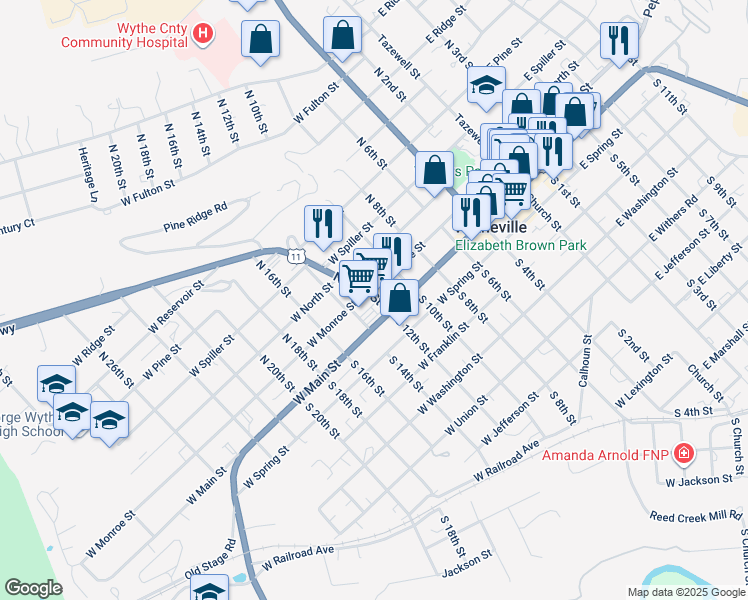 map of restaurants, bars, coffee shops, grocery stores, and more near 644 West Monroe Street in Wytheville