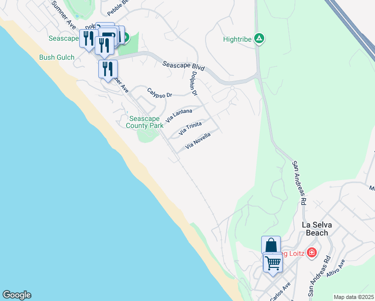 map of restaurants, bars, coffee shops, grocery stores, and more near 126 Vía Novella in Aptos