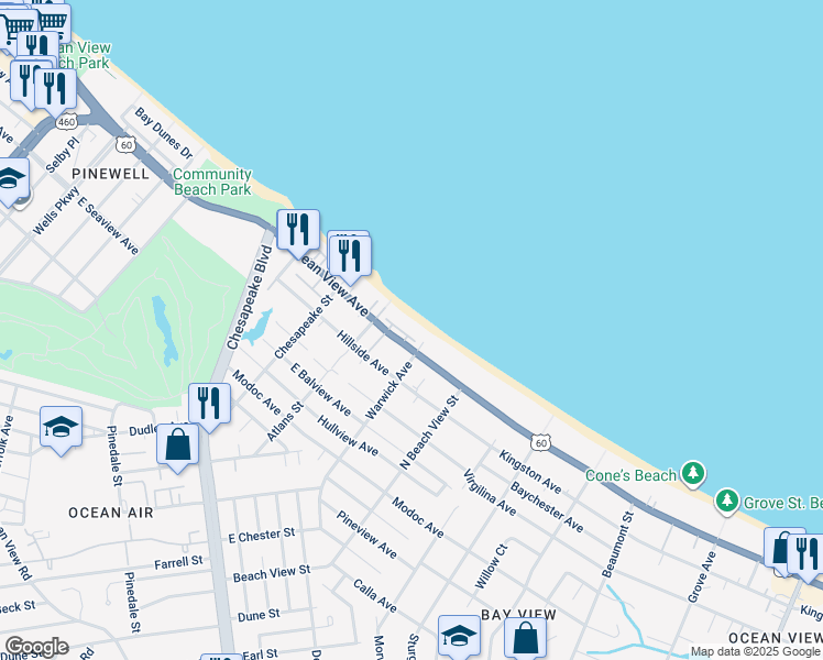 map of restaurants, bars, coffee shops, grocery stores, and more near 1124 Cottage Place in Norfolk