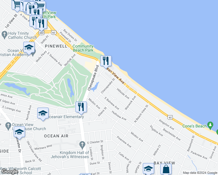 map of restaurants, bars, coffee shops, grocery stores, and more near 929 Hillside Avenue in Norfolk