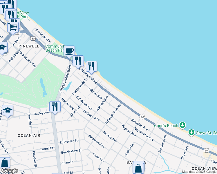 map of restaurants, bars, coffee shops, grocery stores, and more near 1124 Cottage Place in Norfolk