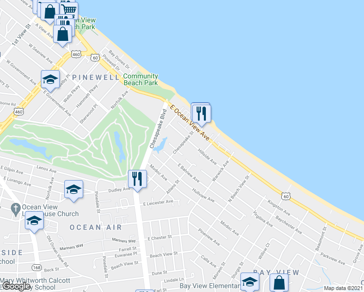 map of restaurants, bars, coffee shops, grocery stores, and more near 9606 Chesapeake Street in Norfolk