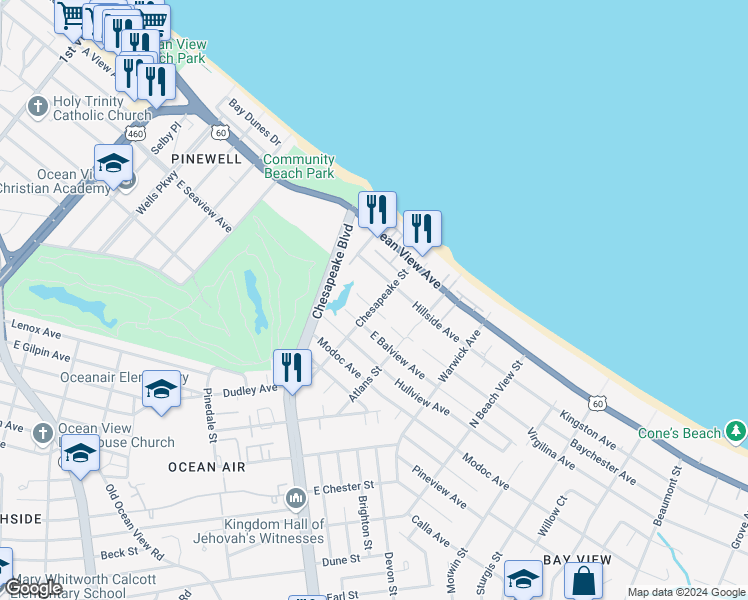 map of restaurants, bars, coffee shops, grocery stores, and more near 9603 Chesapeake Street in Norfolk
