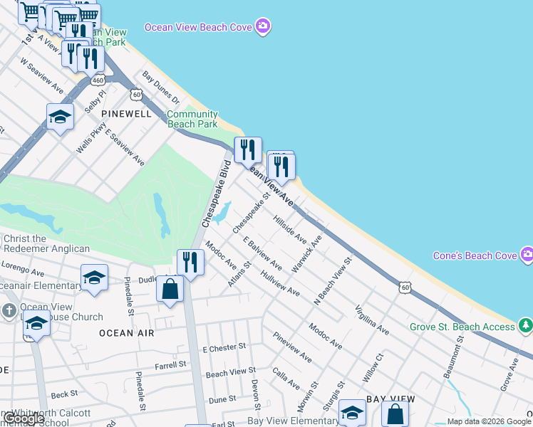 map of restaurants, bars, coffee shops, grocery stores, and more near 9640 Chesapeake Street in Norfolk