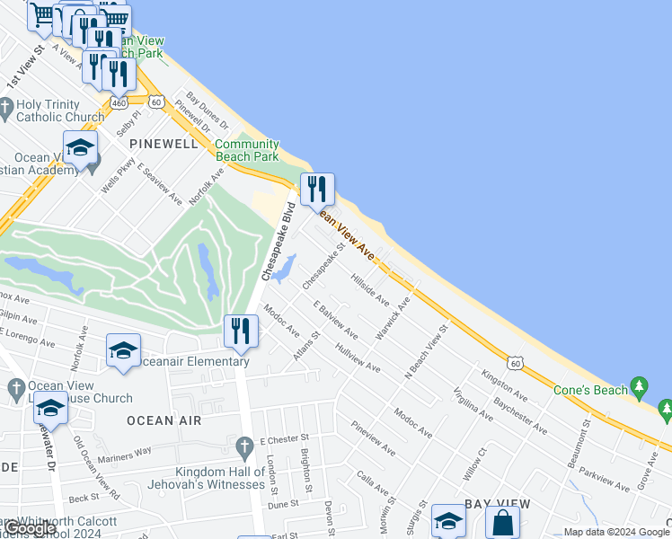 map of restaurants, bars, coffee shops, grocery stores, and more near 1007 Hillside Avenue in Norfolk