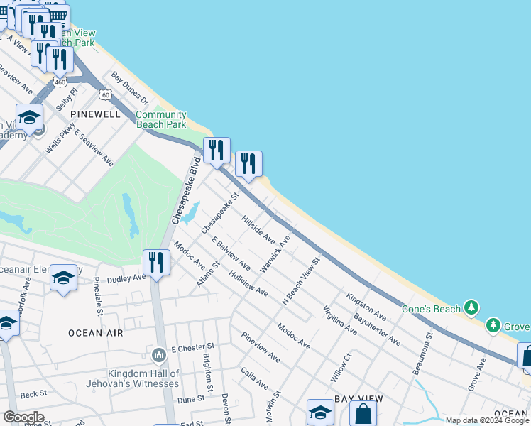 map of restaurants, bars, coffee shops, grocery stores, and more near 1107 East Ocean View Avenue in Norfolk