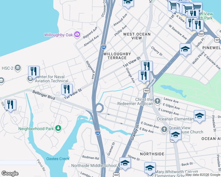 map of restaurants, bars, coffee shops, grocery stores, and more near 9221 Marlow Avenue in Norfolk