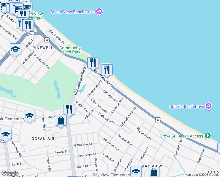 map of restaurants, bars, coffee shops, grocery stores, and more near 1052 East Ocean View Avenue in Norfolk