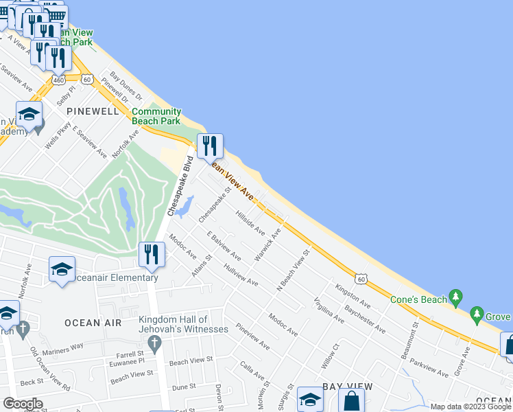 map of restaurants, bars, coffee shops, grocery stores, and more near 1052 East Ocean View Avenue in Norfolk