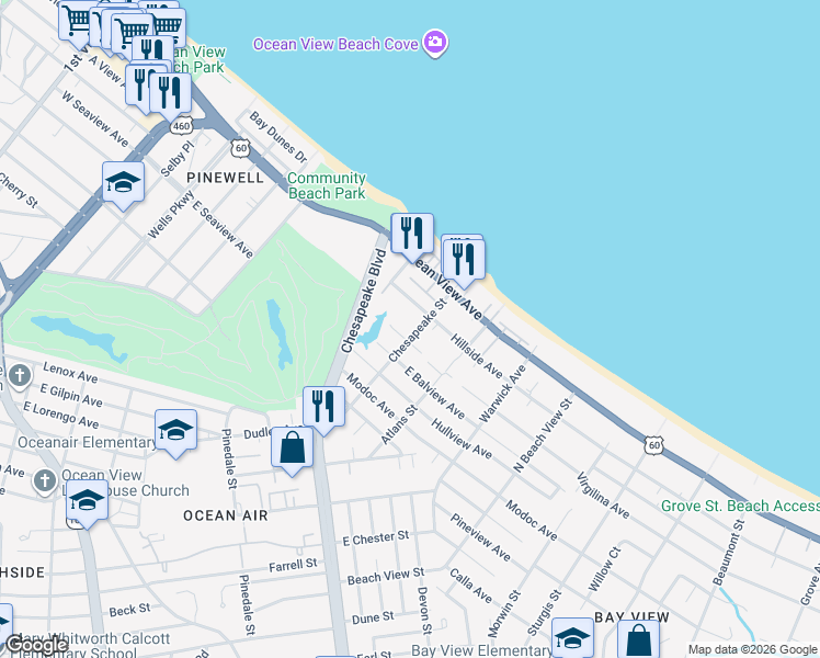 map of restaurants, bars, coffee shops, grocery stores, and more near 941 Hillside Avenue in Norfolk