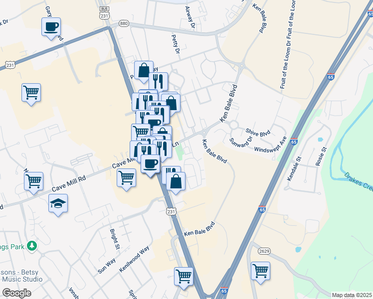map of restaurants, bars, coffee shops, grocery stores, and more near 1030 Shive Lane in Bowling Green