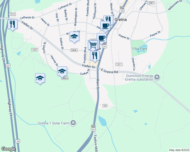 map of restaurants, bars, coffee shops, grocery stores, and more near 608 South Main Street in Gretna