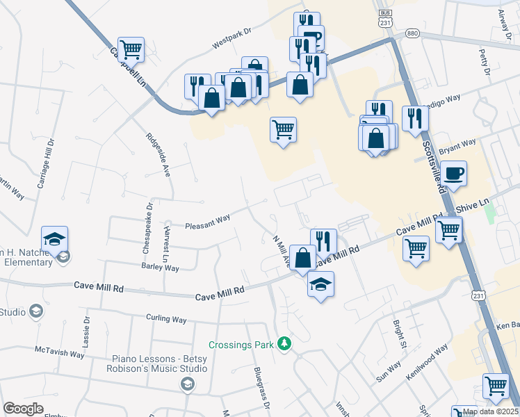 map of restaurants, bars, coffee shops, grocery stores, and more near 1586 Pleasant Valley Court in Bowling Green