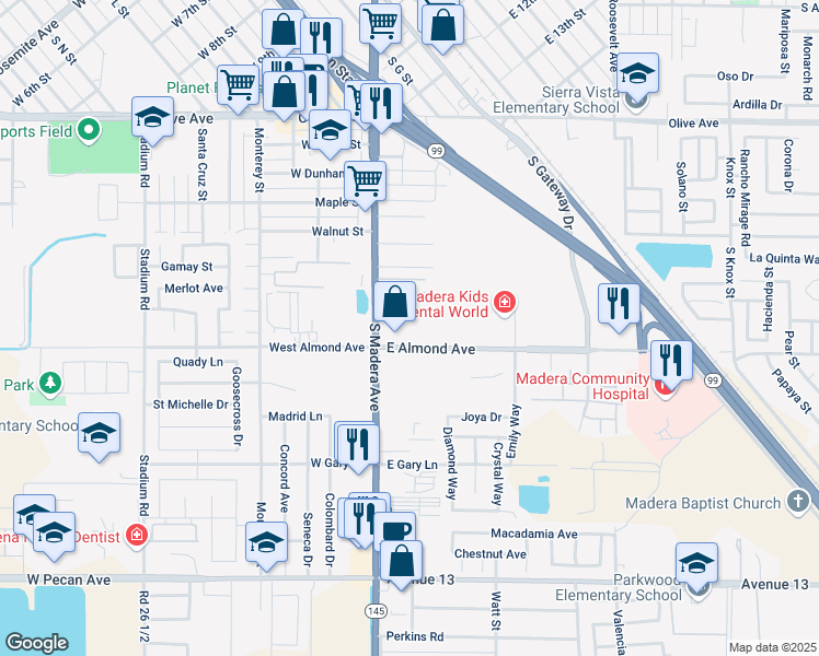 map of restaurants, bars, coffee shops, grocery stores, and more near 625 South Madera Avenue in Madera