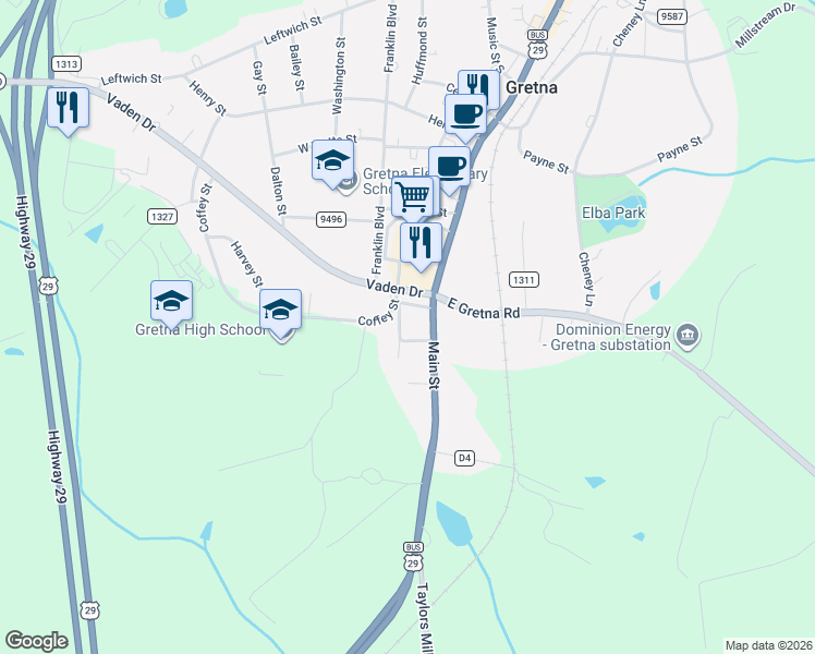 map of restaurants, bars, coffee shops, grocery stores, and more near in Gretna