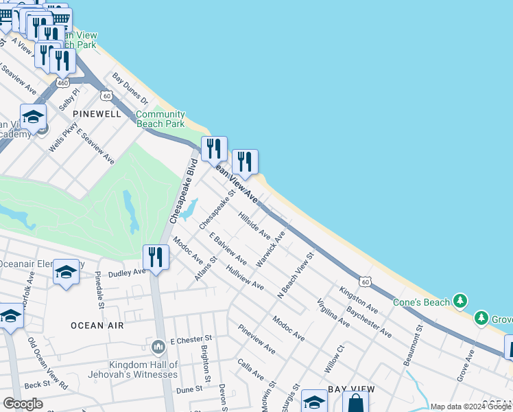 map of restaurants, bars, coffee shops, grocery stores, and more near 1041 East Ocean View Avenue in Norfolk