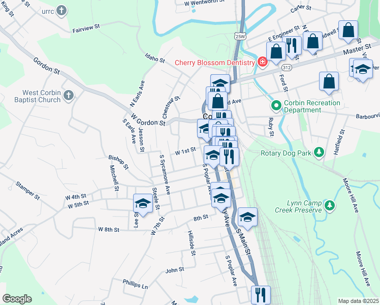 map of restaurants, bars, coffee shops, grocery stores, and more near 309 West 1st Street in Corbin