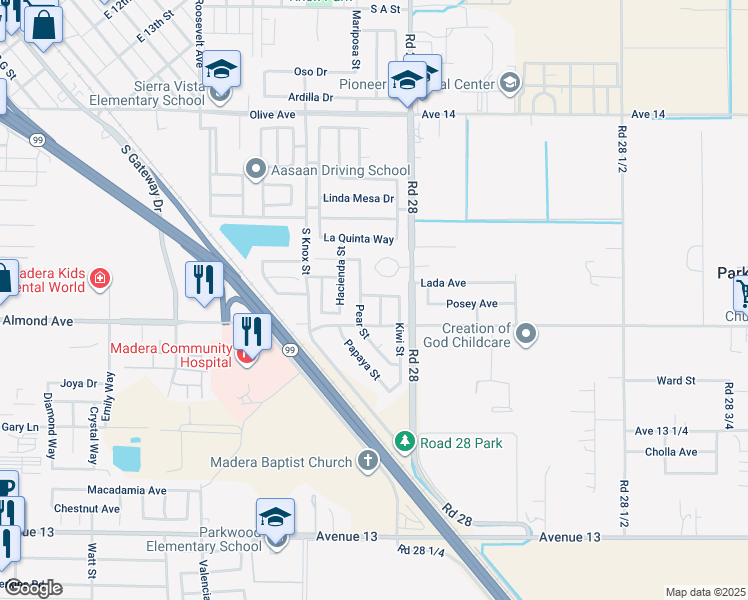 map of restaurants, bars, coffee shops, grocery stores, and more near 692 Blueberry Lane in Madera