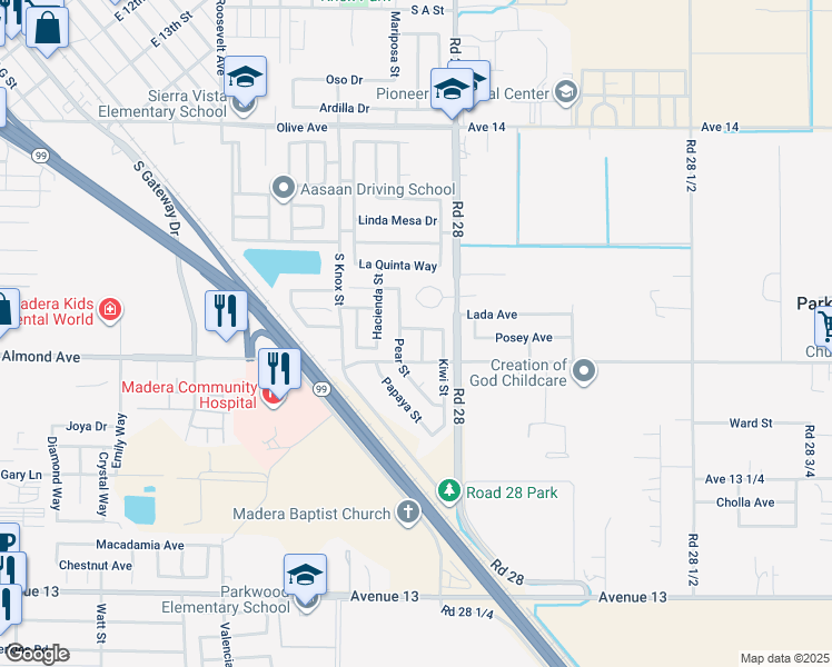 map of restaurants, bars, coffee shops, grocery stores, and more near 692 Blueberry Lane in Madera