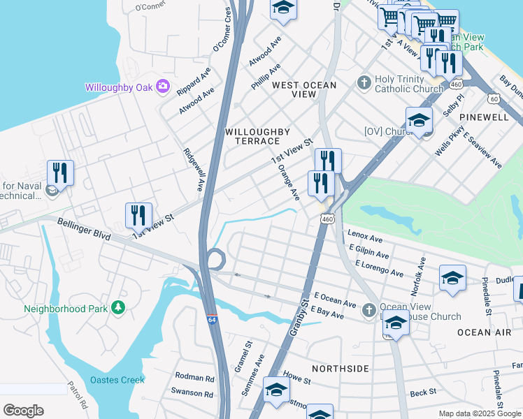 map of restaurants, bars, coffee shops, grocery stores, and more near 9254 Marlow Avenue in Norfolk