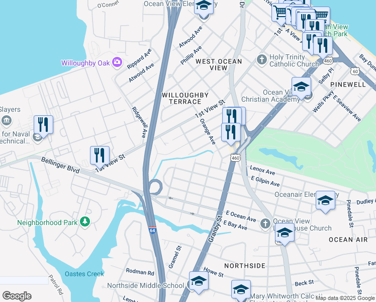map of restaurants, bars, coffee shops, grocery stores, and more near 9245 Chelsea Avenue in Norfolk