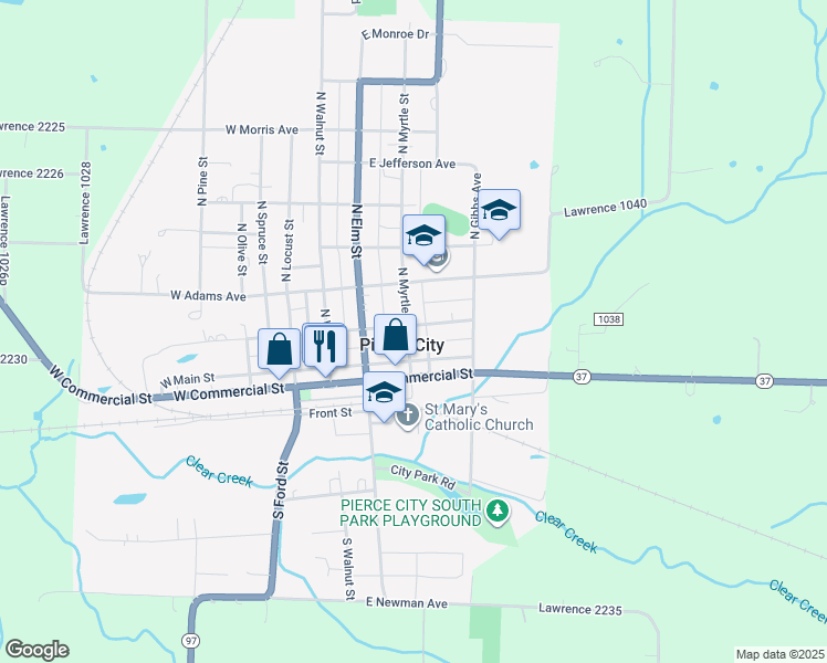 map of restaurants, bars, coffee shops, grocery stores, and more near 308 East Washington Street in Pierce City