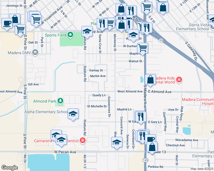 map of restaurants, bars, coffee shops, grocery stores, and more near 507 Chianti Court in Madera