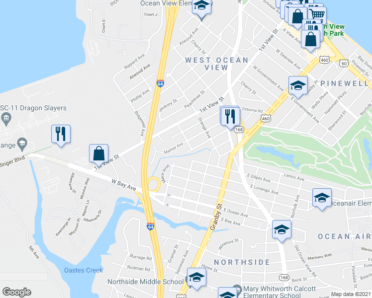 map of restaurants, bars, coffee shops, grocery stores, and more near 9254 Marlow Avenue in Norfolk