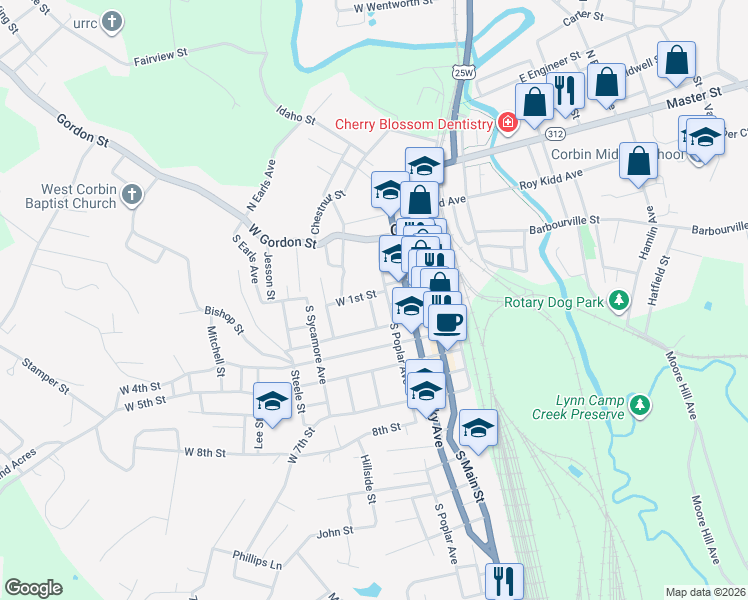 map of restaurants, bars, coffee shops, grocery stores, and more near 309 West 1st Street in Corbin