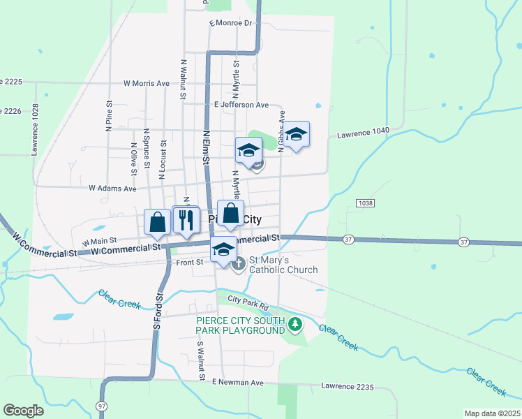map of restaurants, bars, coffee shops, grocery stores, and more near 308-310 East Washington Avenue in Pierce City