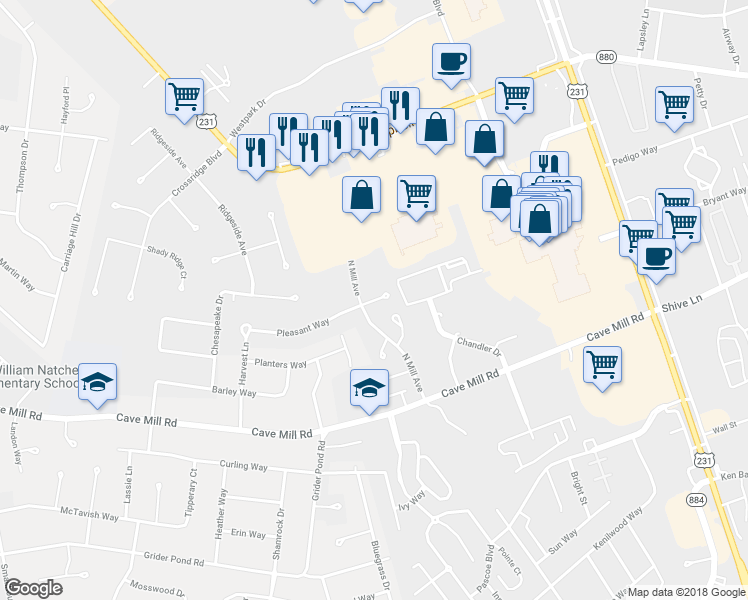 map of restaurants, bars, coffee shops, grocery stores, and more near 1587 Pleasant Valley Court in Bowling Green