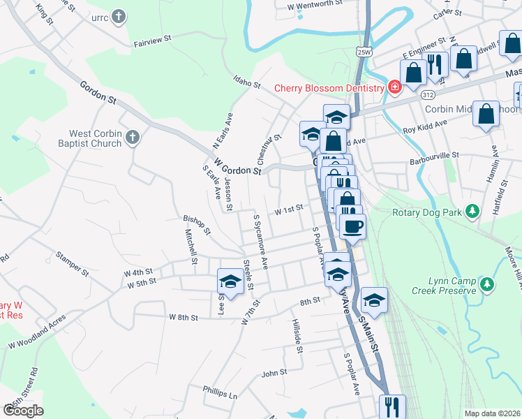 map of restaurants, bars, coffee shops, grocery stores, and more near 100 Padgett Street in Corbin