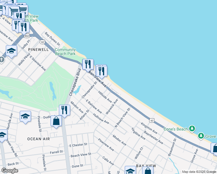 map of restaurants, bars, coffee shops, grocery stores, and more near 1052 East Ocean View Avenue in Norfolk