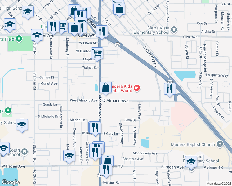 map of restaurants, bars, coffee shops, grocery stores, and more near 725 South Madera Avenue in Madera