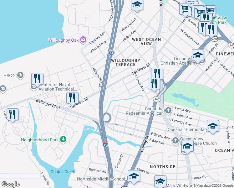 map of restaurants, bars, coffee shops, grocery stores, and more near 9221 Marlow Avenue in Norfolk