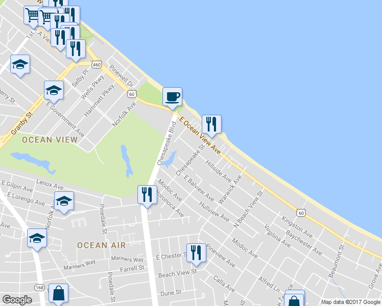 map of restaurants, bars, coffee shops, grocery stores, and more near 941 Hillside Avenue in Norfolk
