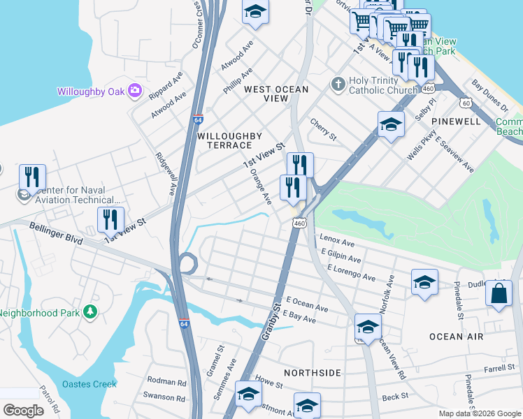 map of restaurants, bars, coffee shops, grocery stores, and more near 9280 Chelsea Avenue in Norfolk
