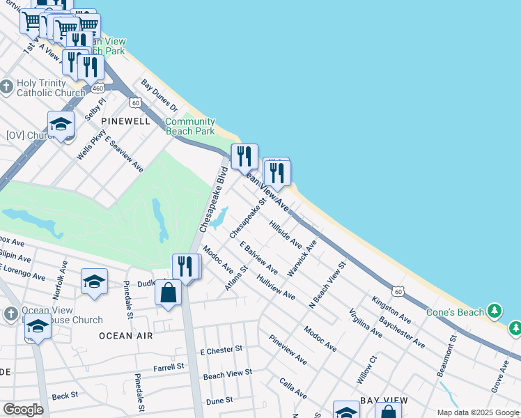 map of restaurants, bars, coffee shops, grocery stores, and more near 1012 Hillside Avenue in Norfolk